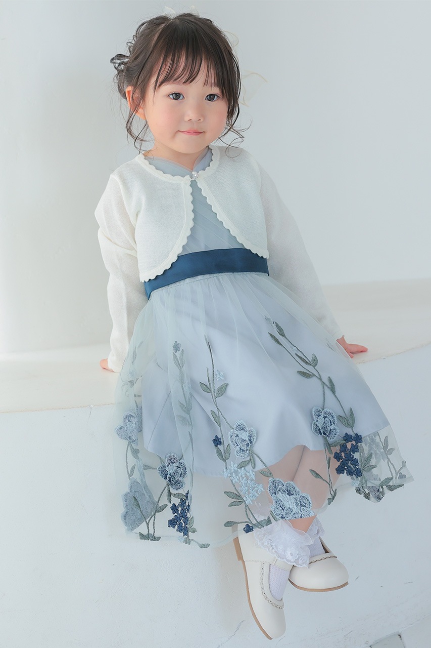 RireFete フラワープリント パーティードレス グレー　水色　チュール リルフェテ Rire Fete チュールレイヤードフラワー刺繍ドレス （グレー