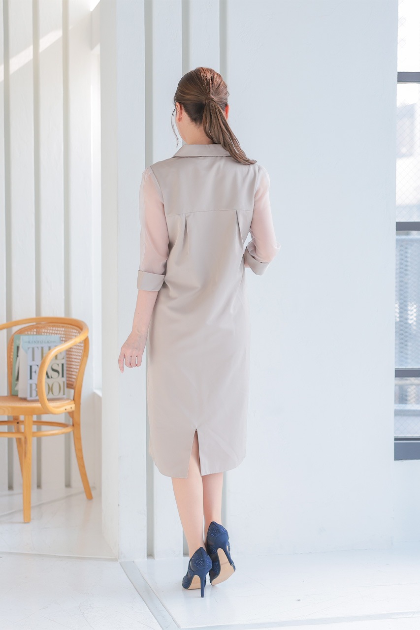 シアースリーブシャツワンピース グレージュ/M｜結婚式の