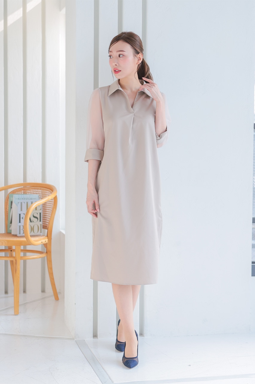 シアースリーブシャツワンピース グレージュ/M｜結婚式の