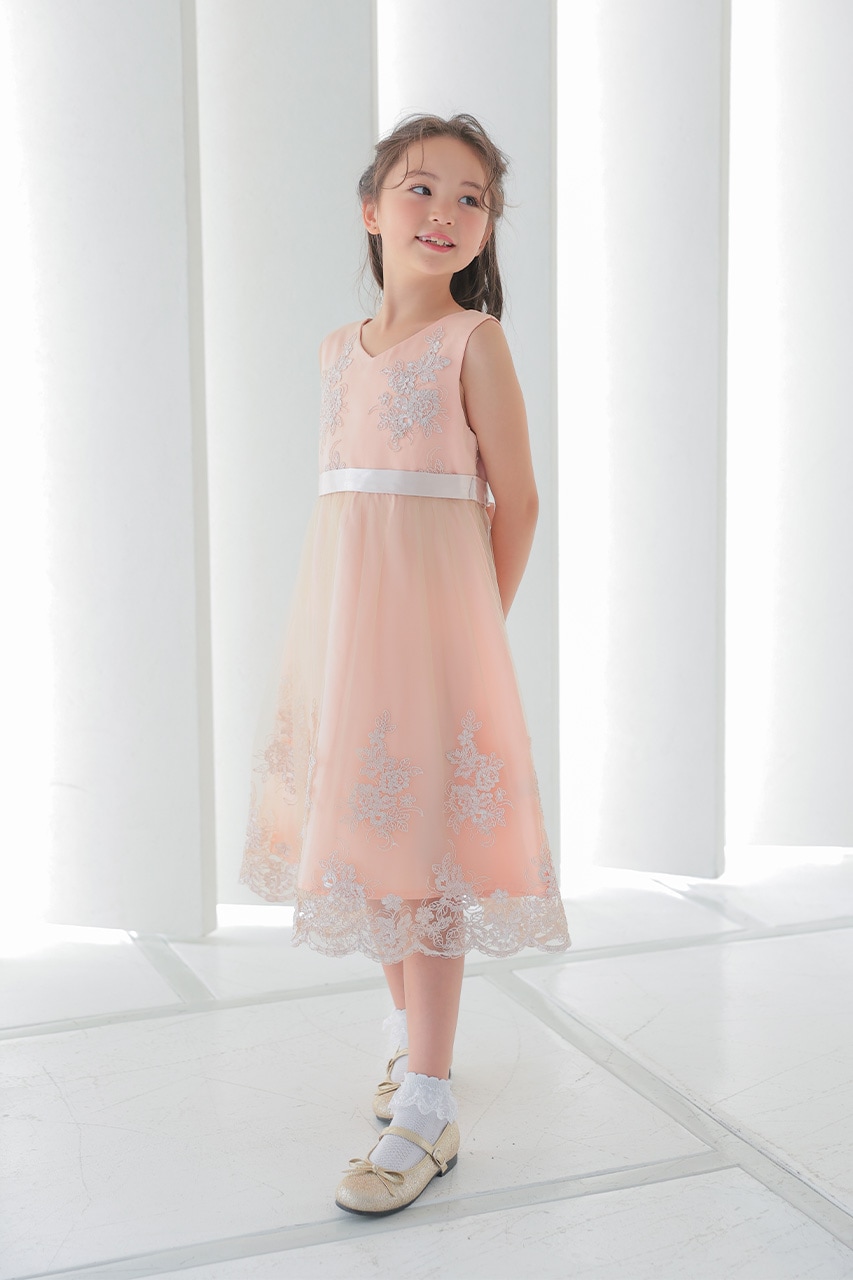 Kids エンブロイダリーピンクゴールドドレス 8歳｜結婚式の
