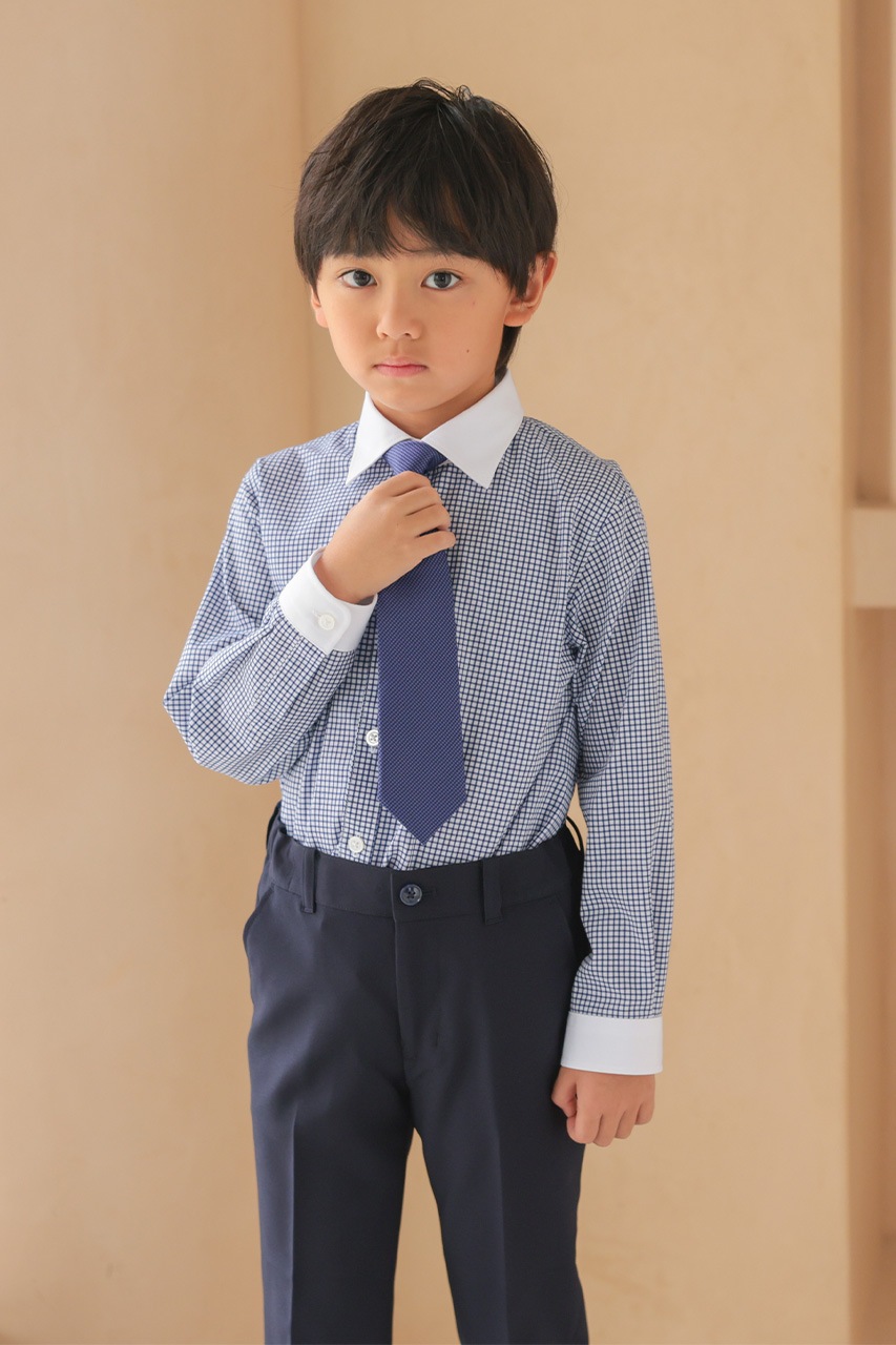 Boys ギンガムチェックロングパンツスーツ ネイビー 130cm(シャツ