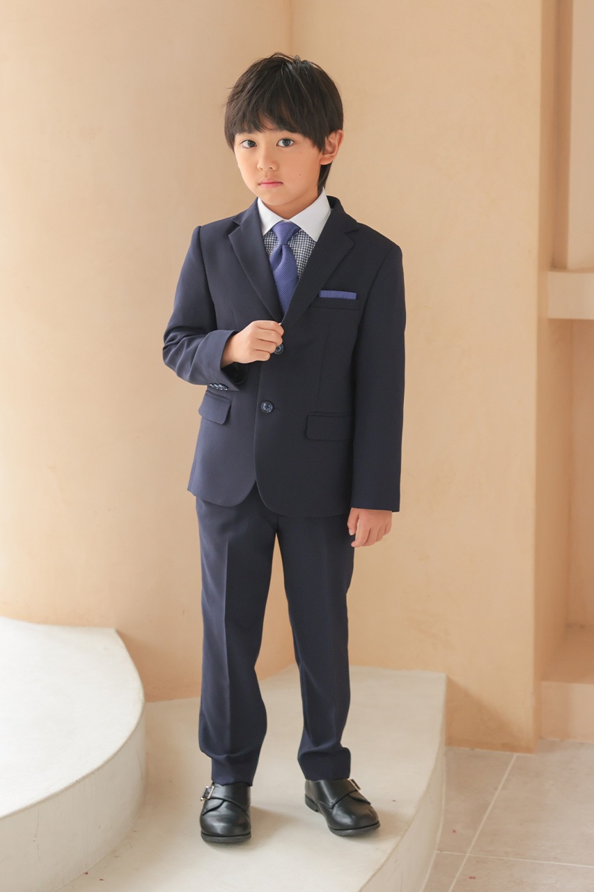 Boys ギンガムチェックロングパンツスーツ ネイビー 130cm(シャツ