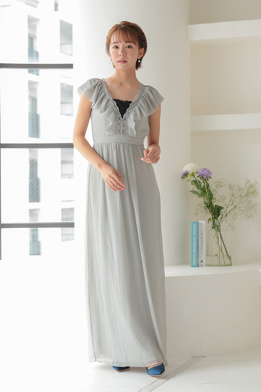 アイボリー フリル付きロングドレス ゴールドストライプフリルロングドレス｜結婚式のパーティードレスなら