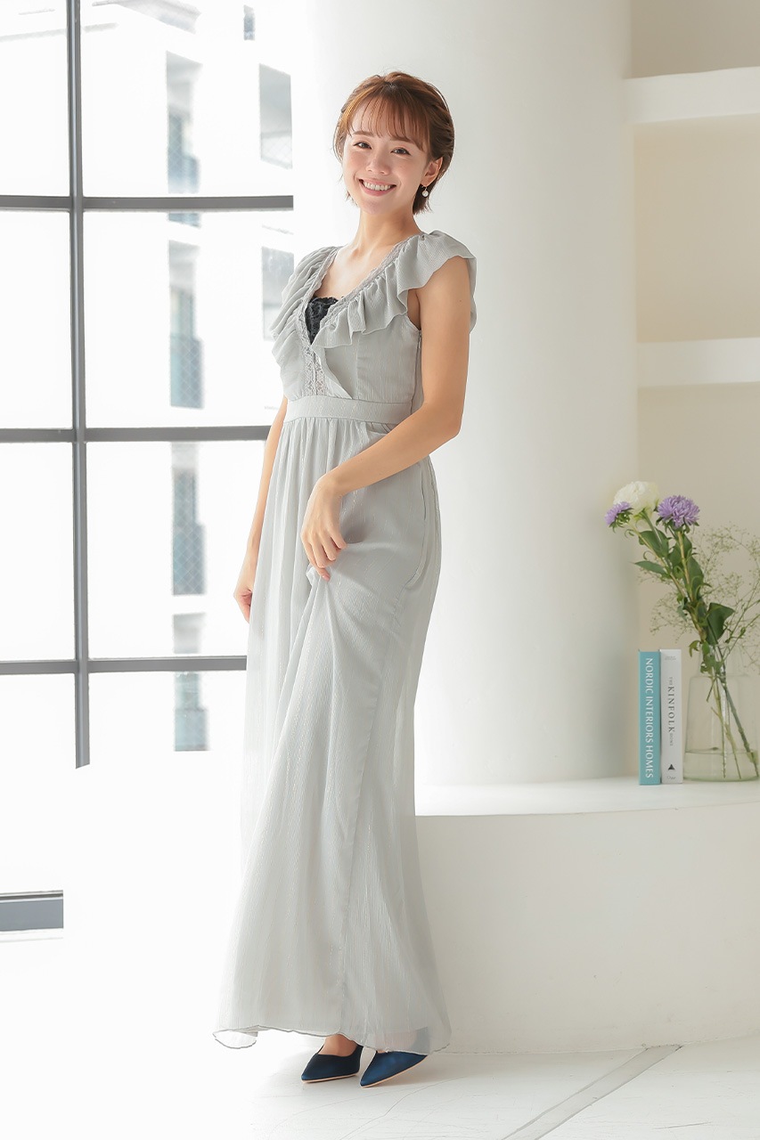 ゴールドストライプフリルロングドレス｜結婚式のパーティードレスなら