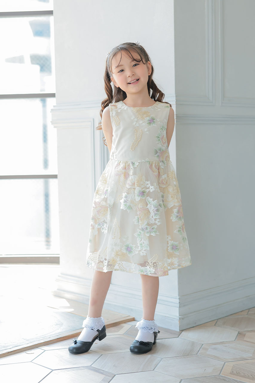 Kids エンブロイダリーフラワードレス クリーム 7歳｜結婚式の