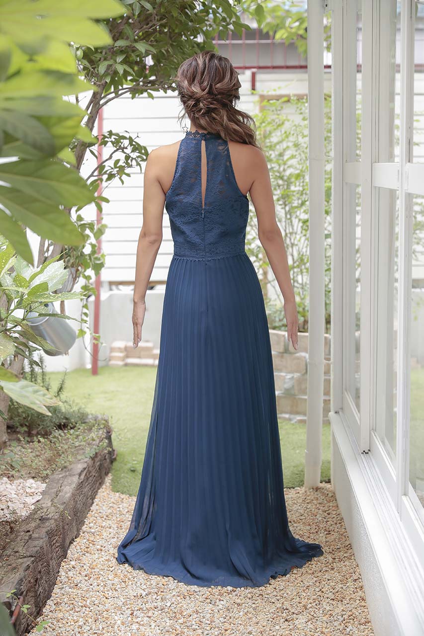 シフォンプリーツレースコンビマキシドレス｜結婚式のパーティードレス