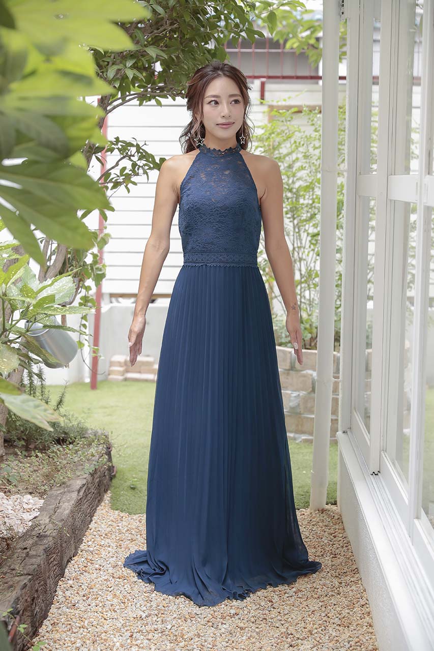 シフォンプリーツレースコンビマキシドレス｜結婚式のパーティードレス