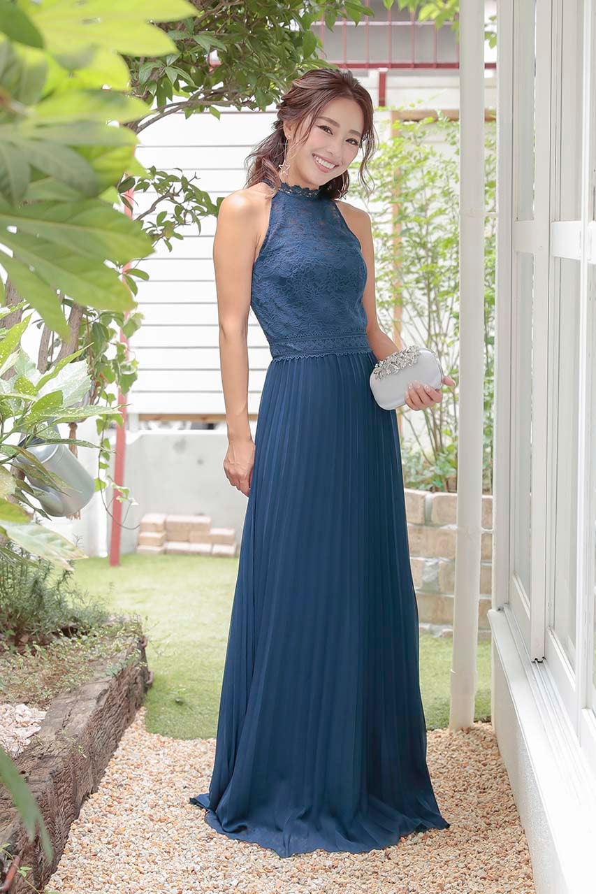 シフォンプリーツレースコンビマキシドレス｜結婚式のパーティードレス