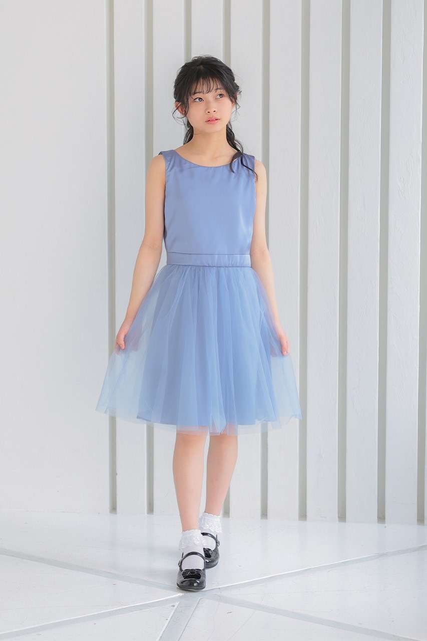 Kids バックレースチュールドレス ブルー 11歳｜結婚式の