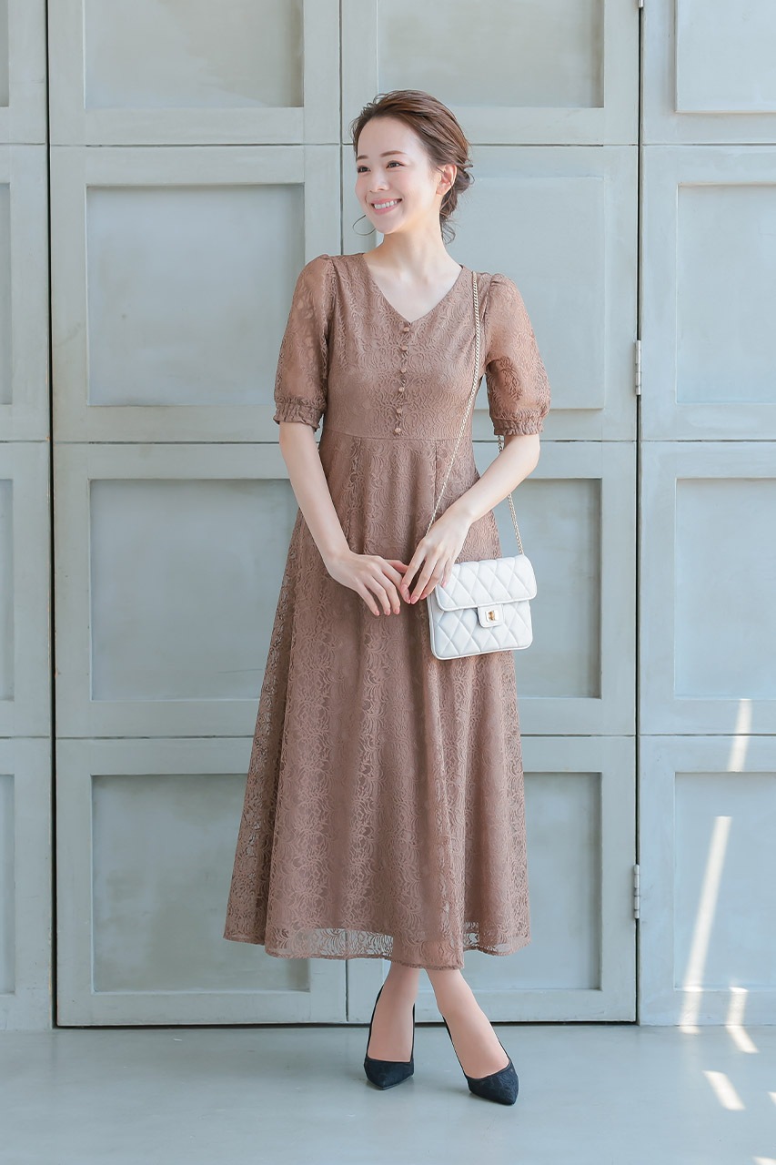 バックレースアップワンピース ブラウン/S｜結婚式のパーティードレス