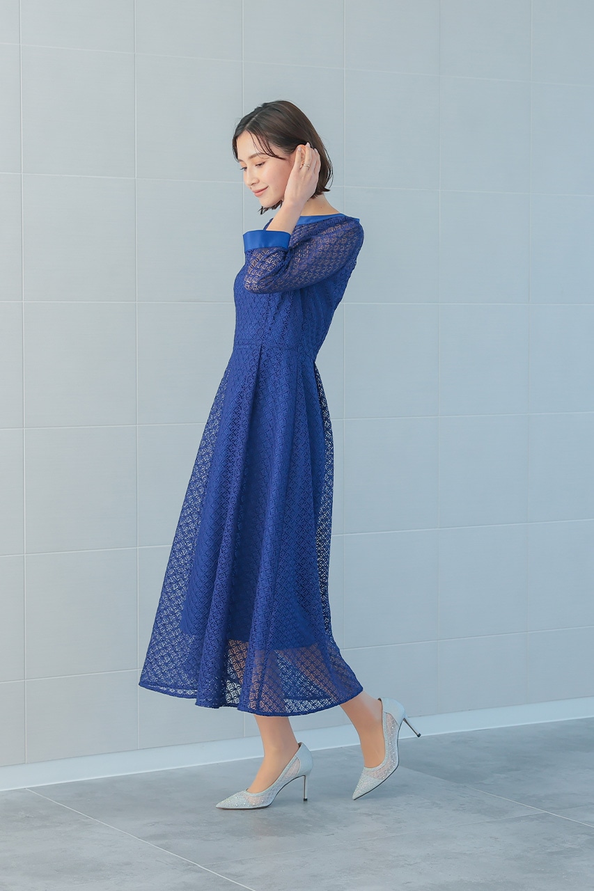 ジオメトリックレースドレス ブルー/S｜結婚式のパーティー