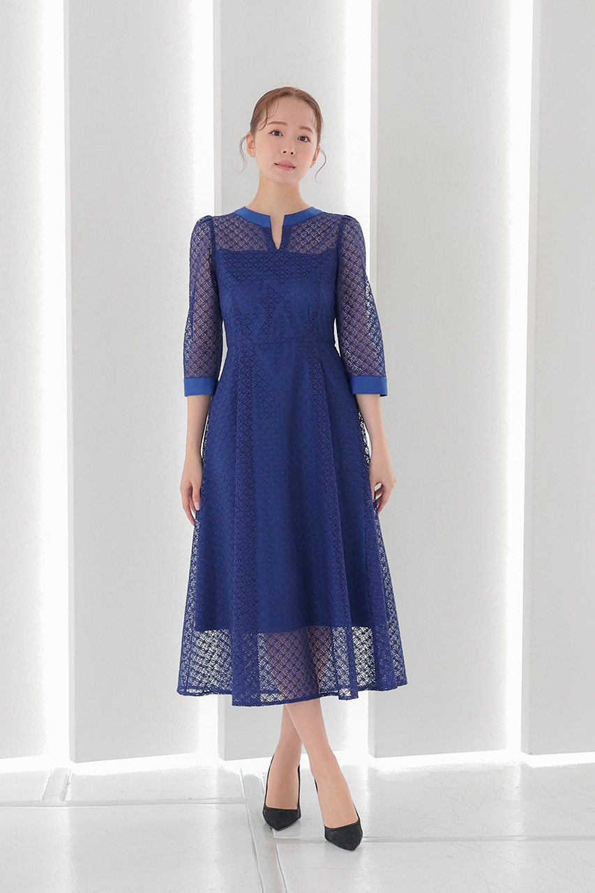 ジオメトリックレースドレス ブルー/S｜結婚式のパーティードレスなら