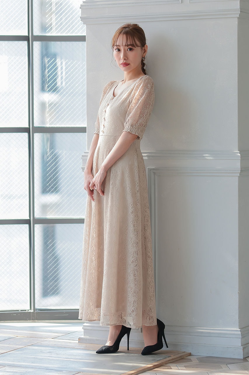 バックレースアップワンピース ベージュ/S｜結婚式のパーティードレス
