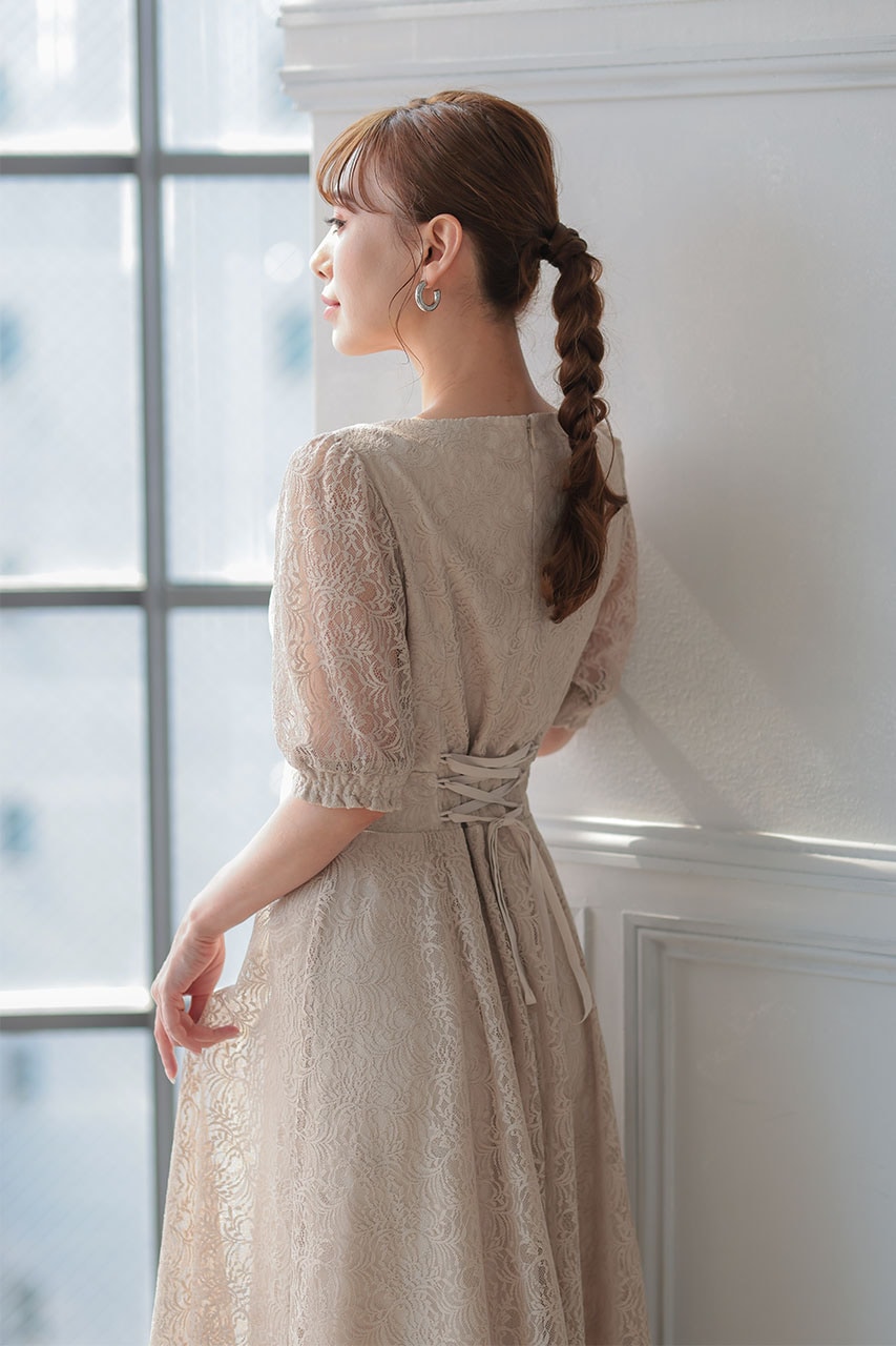 バックレースアップワンピース ベージュ/S｜結婚式のパーティードレス