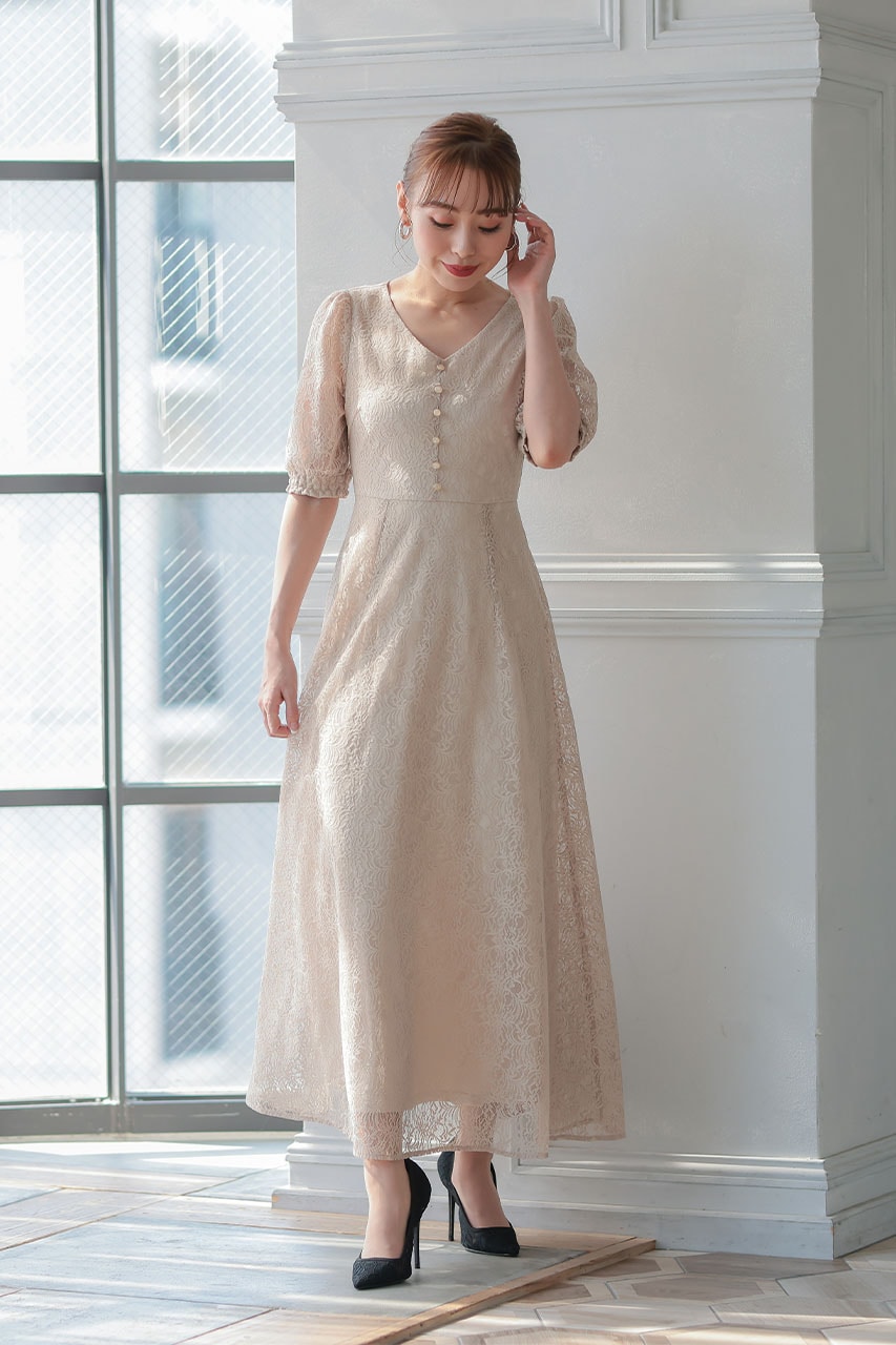 バックレースアップワンピース ベージュ/S｜結婚式のパーティードレス