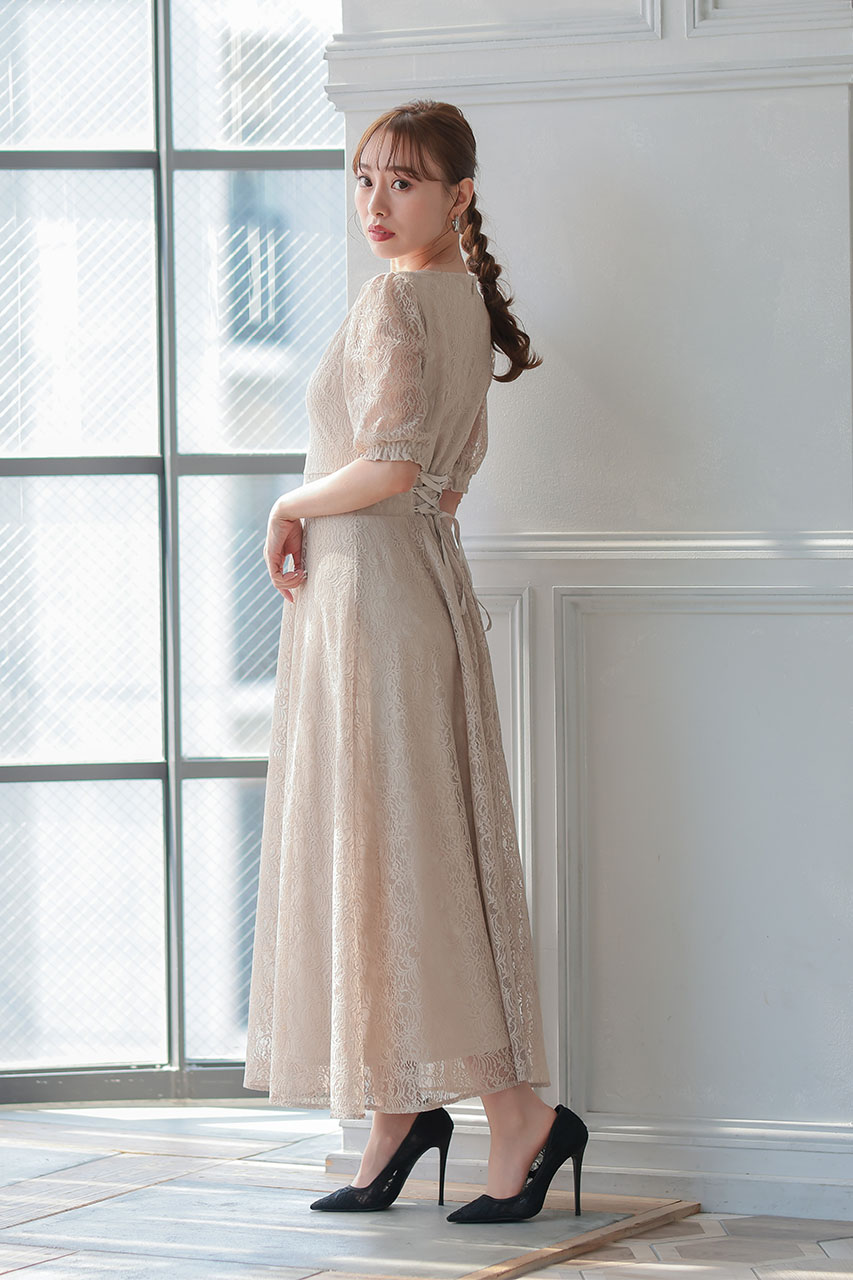 バックレースアップワンピース ベージュ/S｜結婚式のパーティードレス