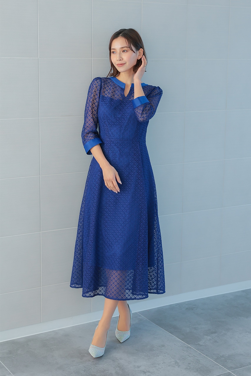 ジオメトリックレースドレス ブルー/M｜結婚式のパーティー