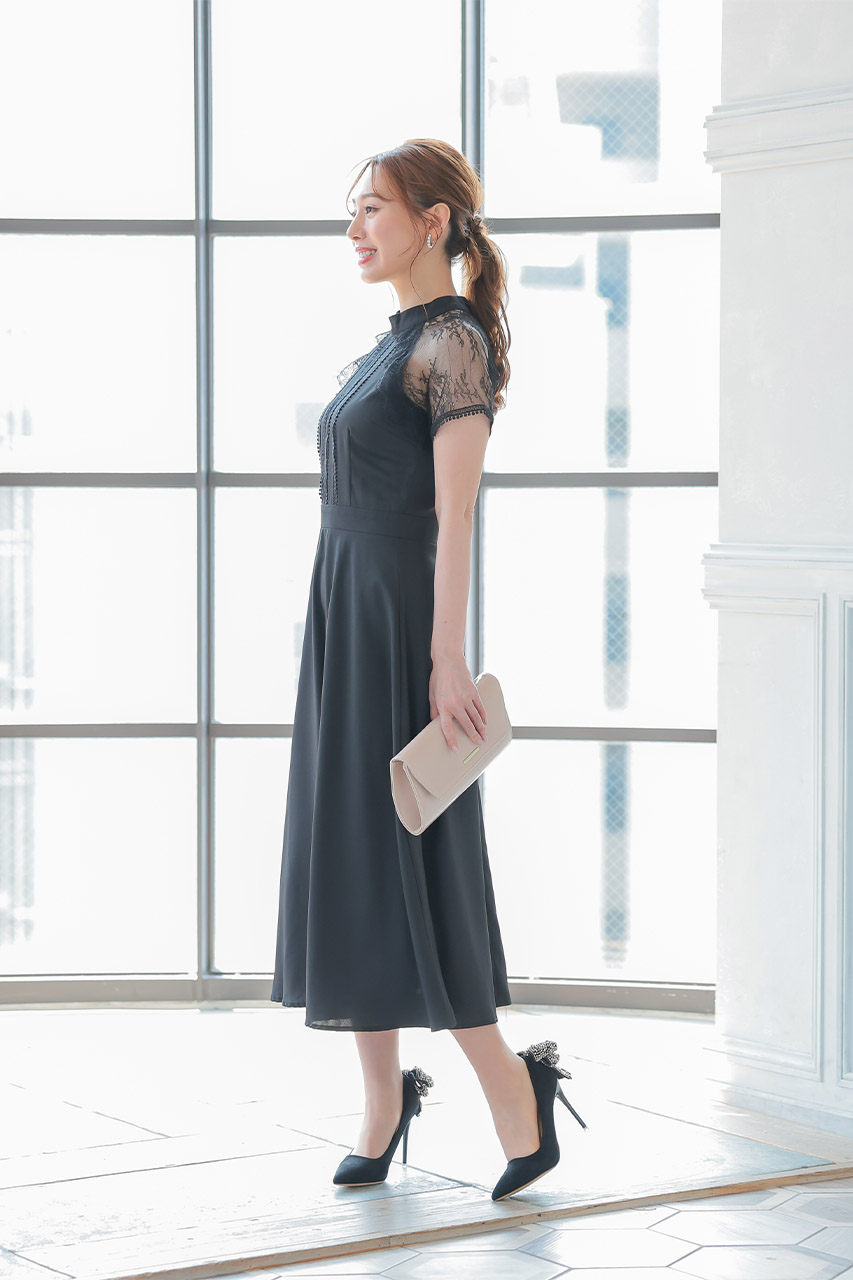 レーススリーブフレアワンピース M｜結婚式のパーティードレスなら
