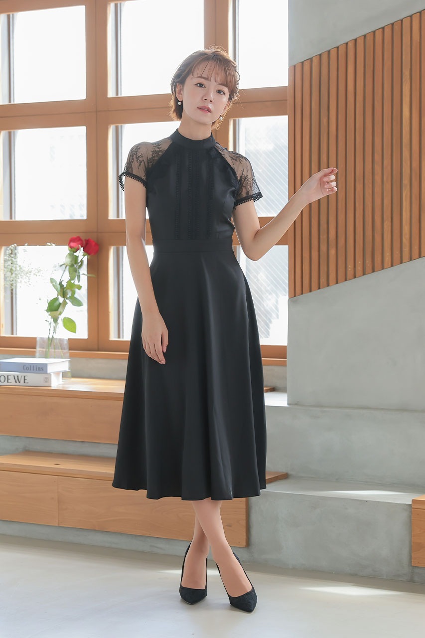 レーススリーブフレアワンピース M｜結婚式のパーティードレスなら