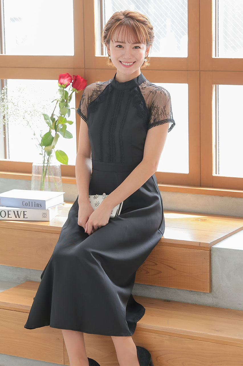 レーススリーブフレアワンピース M｜結婚式のパーティードレスなら