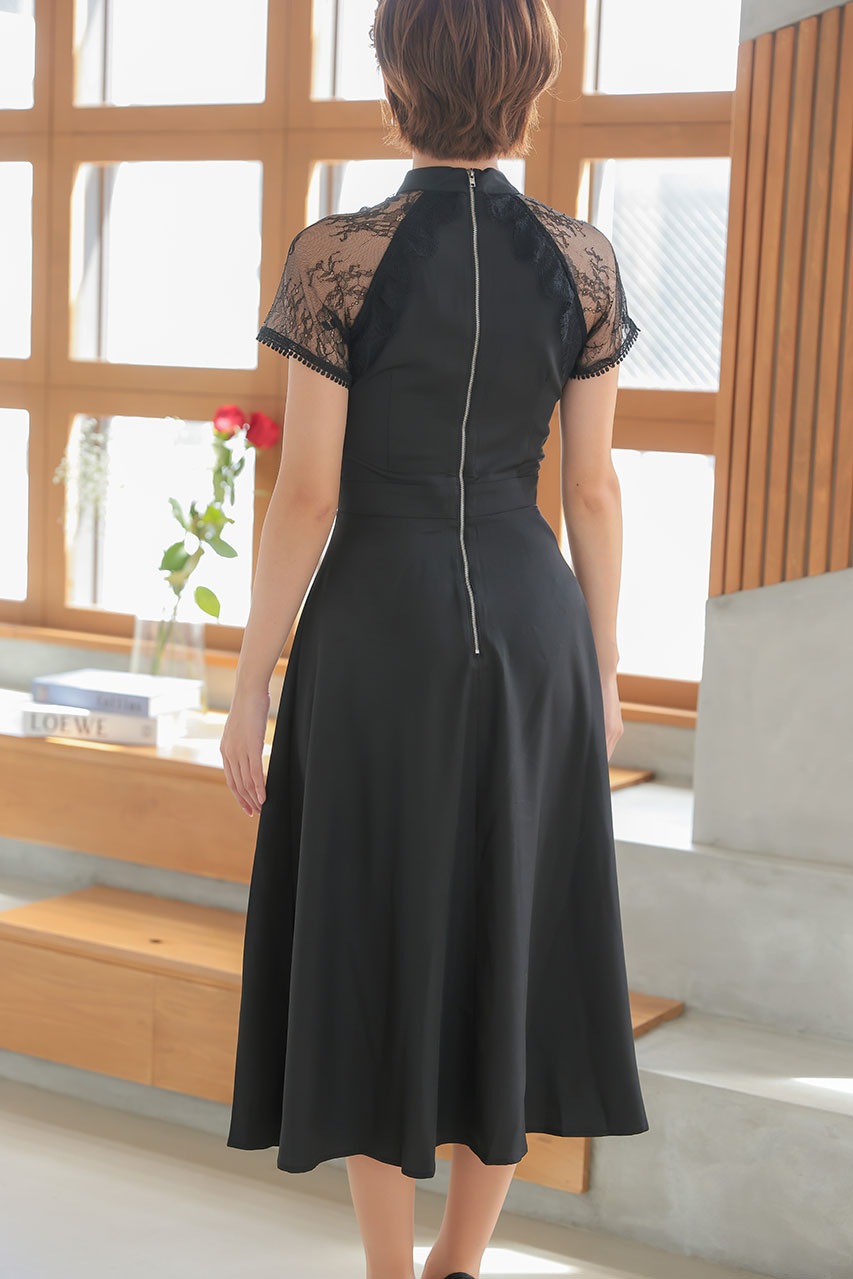 レーススリーブフレアワンピース M｜結婚式のパーティードレスなら