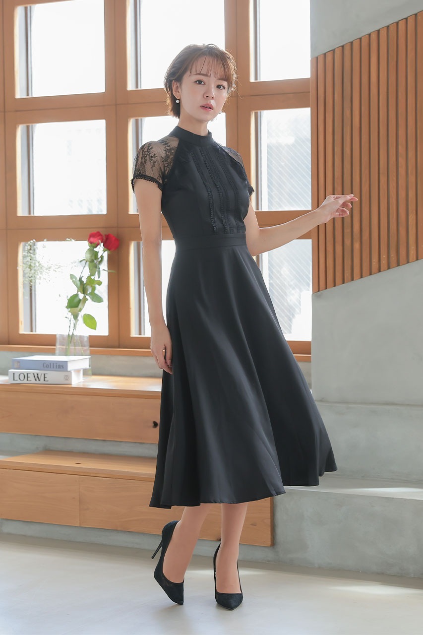 レーススリーブフレアワンピース M｜結婚式のパーティードレスなら