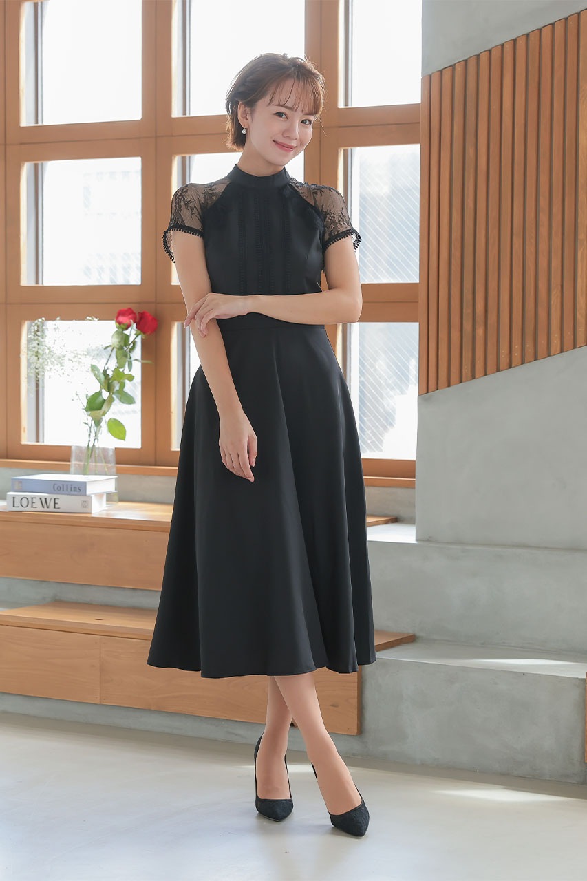 レーススリーブフレアワンピース M｜結婚式のパーティードレスなら