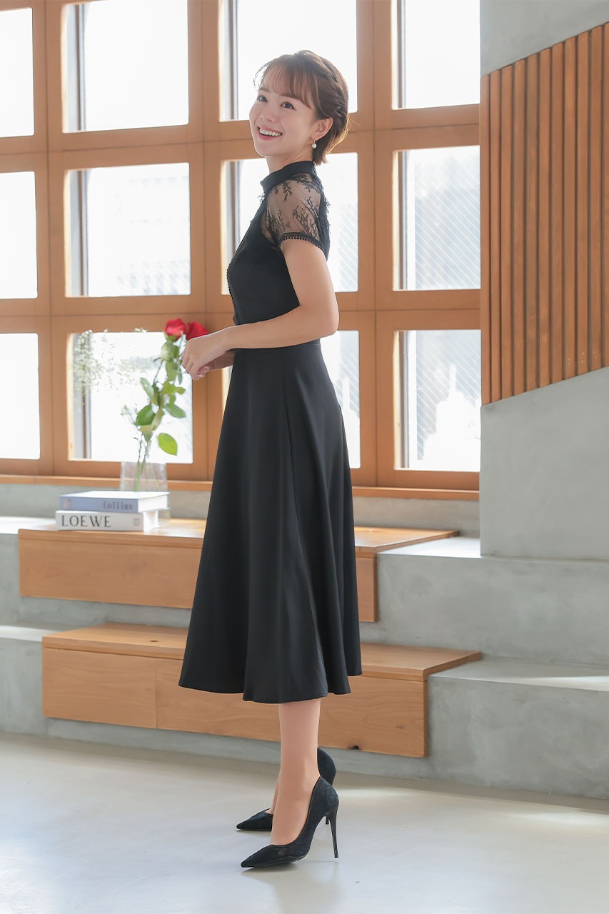 レーススリーブフレアワンピース M｜結婚式のパーティードレスなら