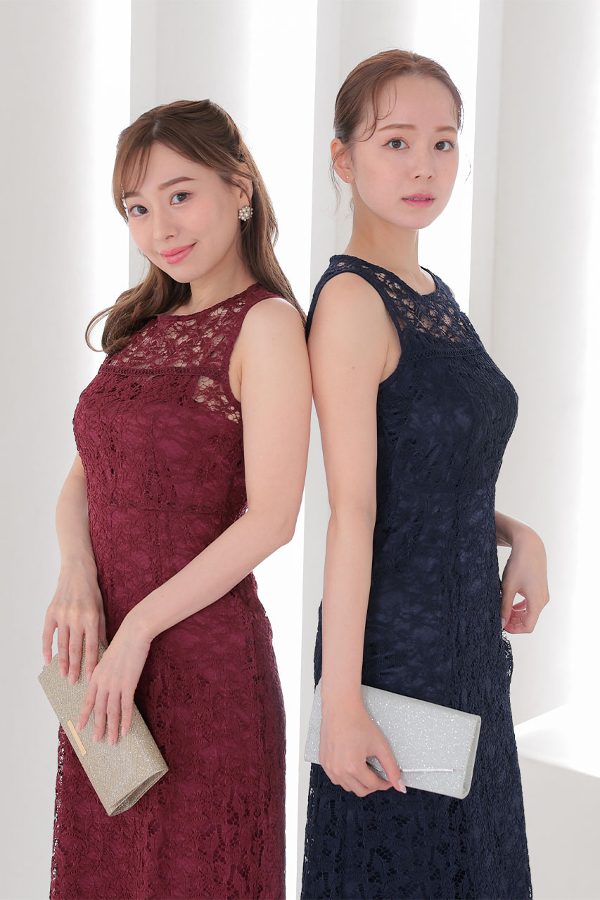 ケミカルライクレースワンピース ワインレッド/M｜結婚式の