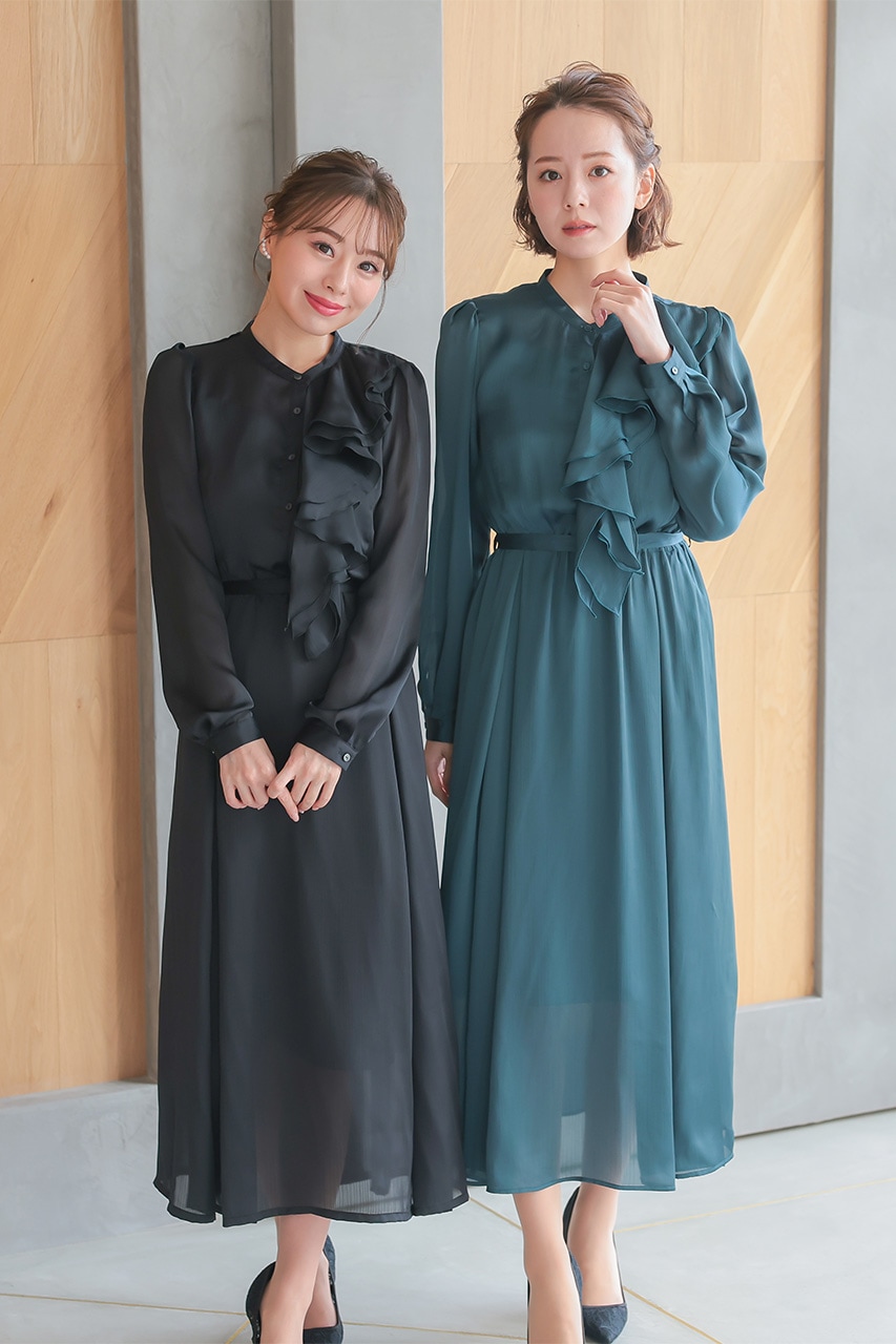 ヨーリューサテンロングワンピース グリーン/S｜結婚式の