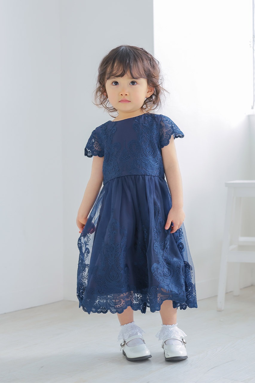 Kids レースフレアパーティードレス ネイビー 4歳｜結婚式の