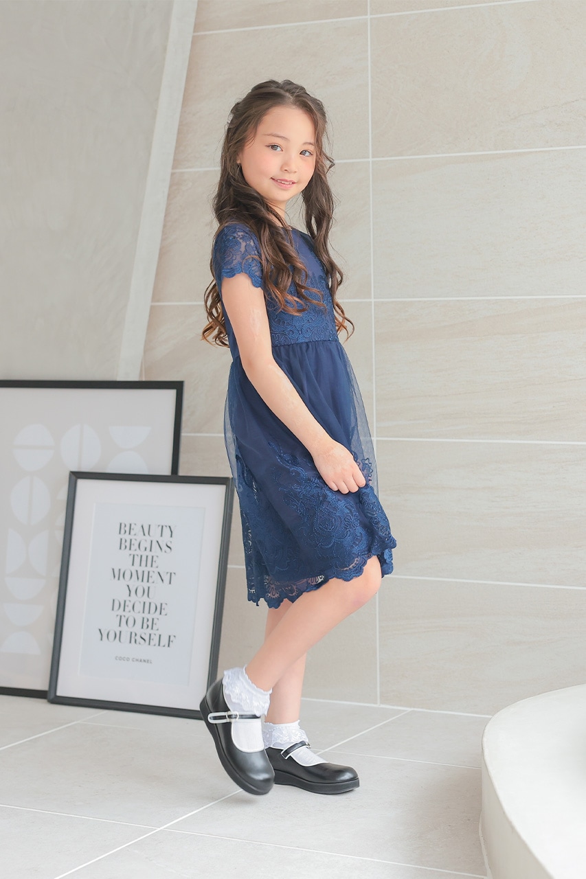 Kids レースフレアパーティードレス ネイビー 7歳｜結婚式の