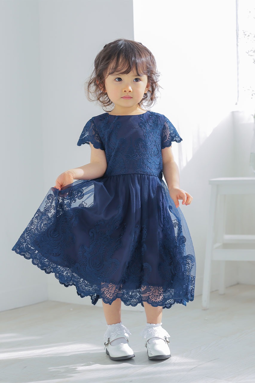 Kids レースフレアパーティードレス ネイビー 7歳｜結婚式のパーティー