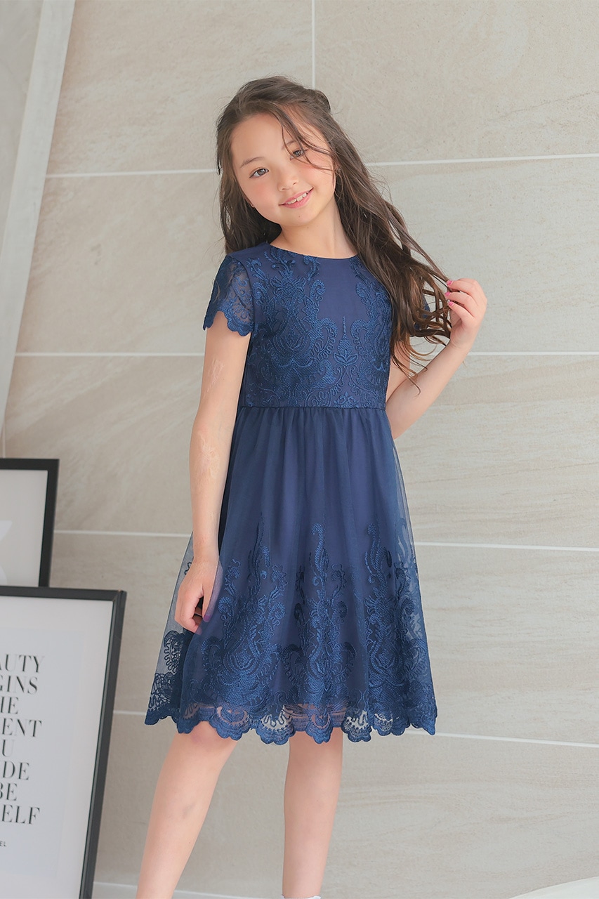 Kids レースフレアパーティードレス ネイビー 8歳｜結婚式のパーティー  