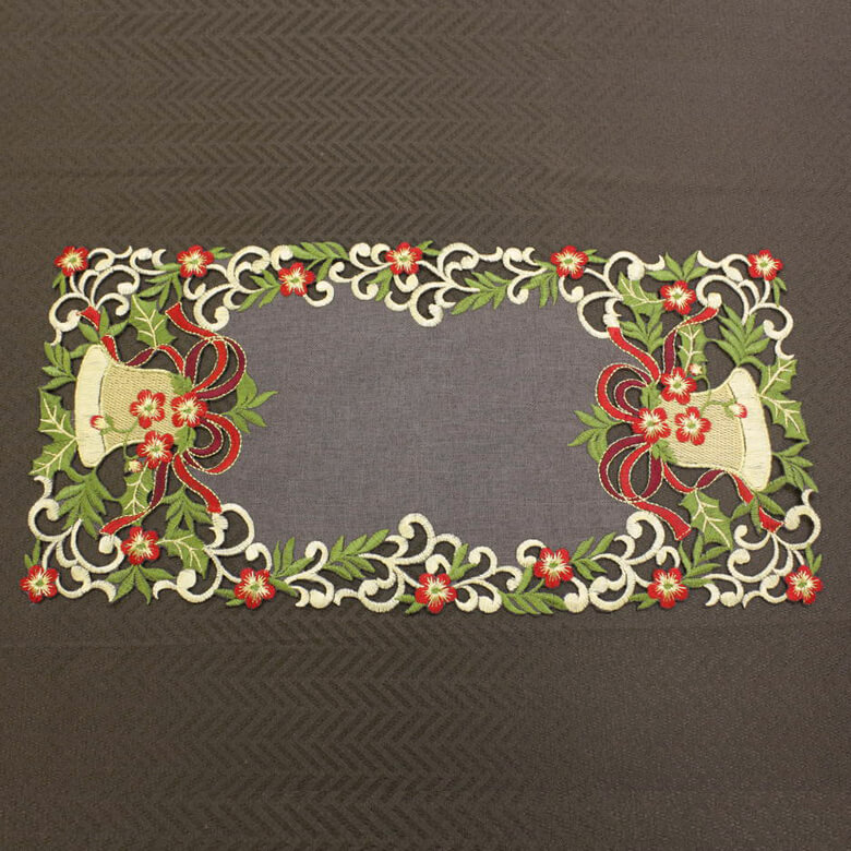 Xmas ゴールドベル 刺繍 テーブルセンター 約20×40cm｜インテリア