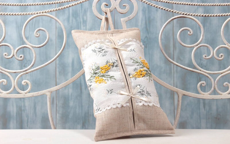mimosa リボン刺繍 ハングティッシュボックスカバー 約20×35cm