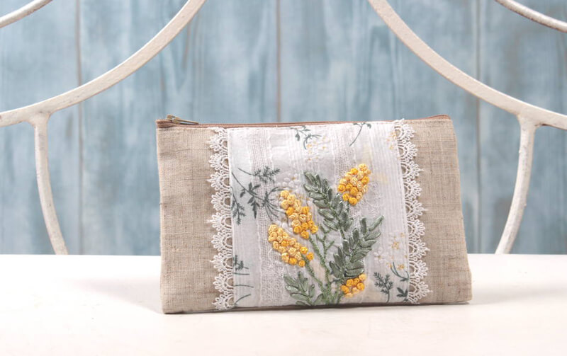 mimosa リボン刺繍 マルチケース 約12×20cm｜インテリアレース