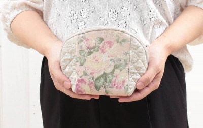プリントコットン ジップポーチ 約12×10×8cm [Coral Rose]