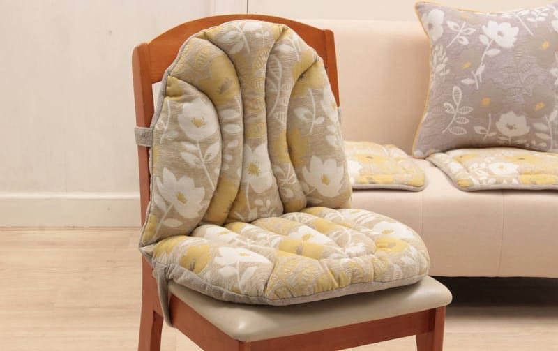 木製スラットバックチェア 花柄クッション シェニール織 チェアクッション 約45×80cm [Gris & Jaune]｜インテリア