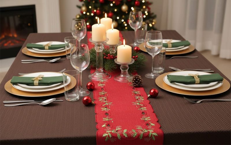 Xmas テーブルランナー ヒイラギ刺繍 約20×160cm｜インテリアレース
