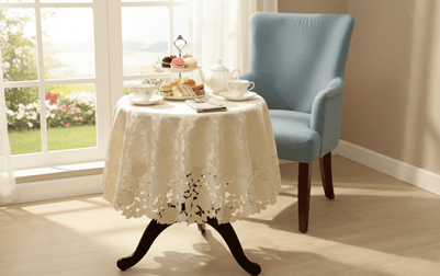 テーブルクロス バラ柄コード刺繍 約150cm [Rosa Fil]