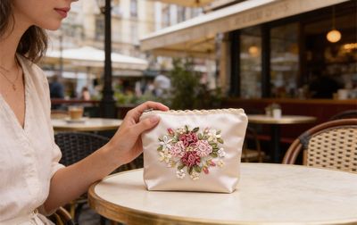 ジップポーチ リボン刺繍 約18×20cm [Rose Ruban]