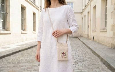 スマホポシェット リボン刺繍 約19×13cm [Rose Ruban]