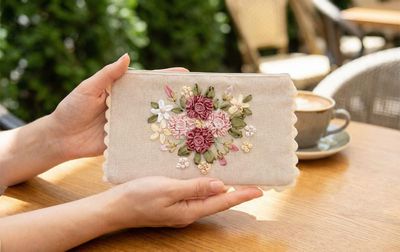 フラットポーチ リボン刺繍 約12×20cm [Rose Ruban]