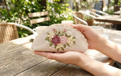 眼鏡ケース リボン刺繍 約9×18cm [Rose Ruban]