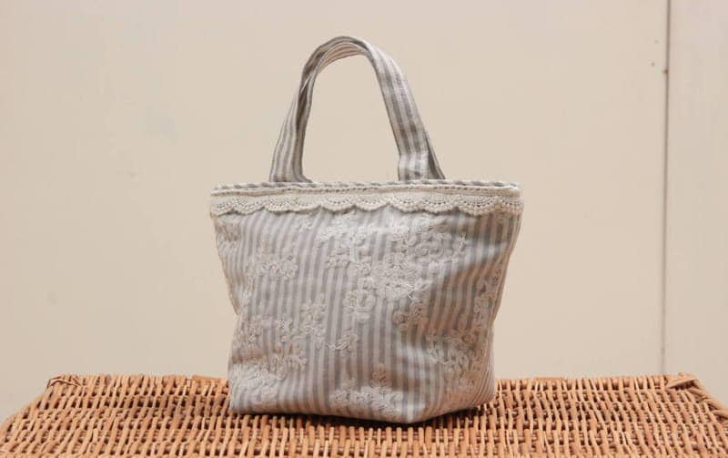 ミニトートバッグ ストライプ×刺繍オーガンジー 約18×14×13cm [Rayure Nature]