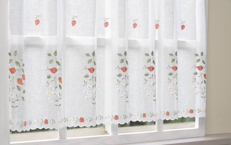 いちご刺繍 カフェカーテン 約130×90cm