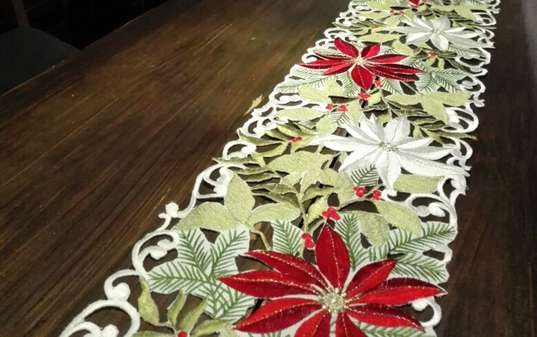 Xmas ポインセチア 刺繍 テーブルランナー 約20×160cm
