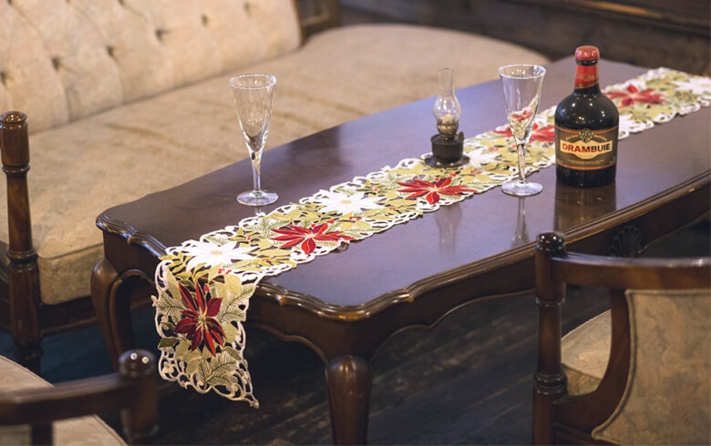 Xmas ポインセチア 刺繍 テーブルランナー 約20×160cm