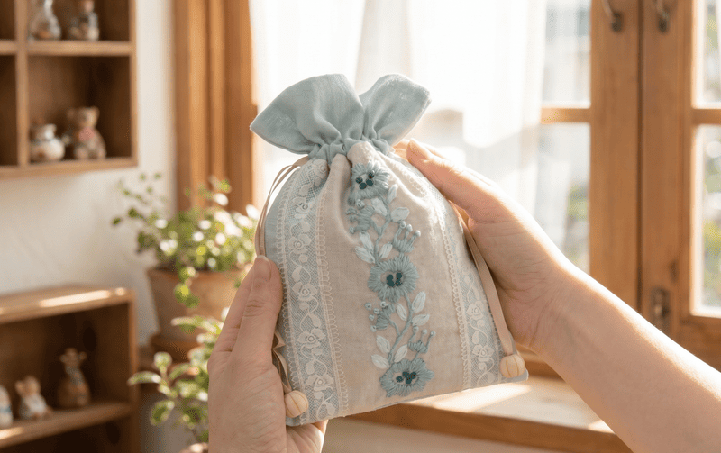 巾着L フローラル刺繍 約17×22cm [Atelier Bloom]｜インテリアレース